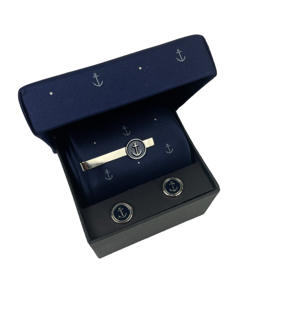 Navy giftset met dasspeld, stropdas en manchetknopen