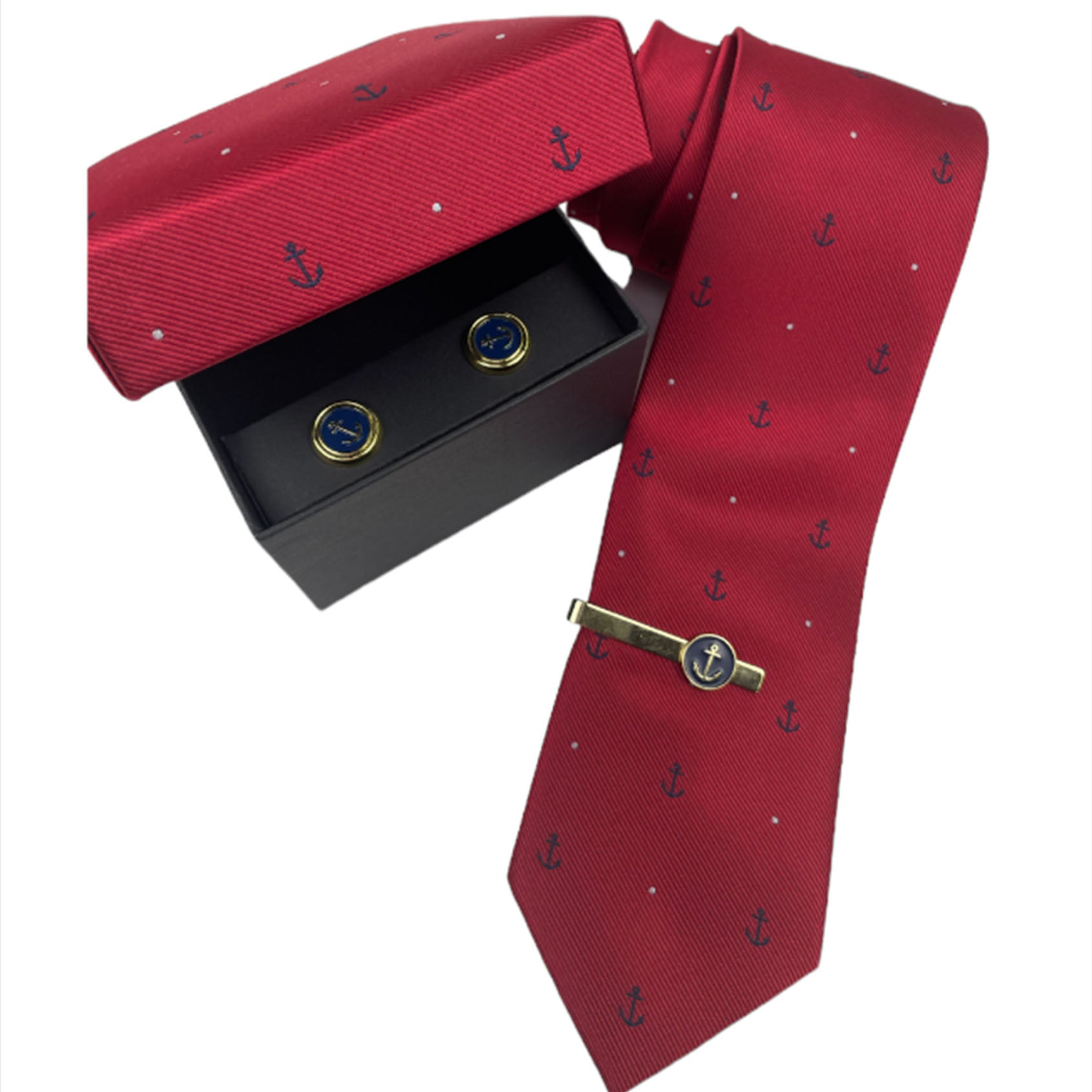 Red gift set with tie pin, tie and cufflinks