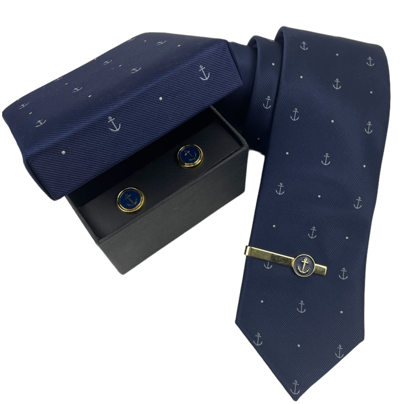 Navy giftset met dasspeld, stropdas en manchetknopen