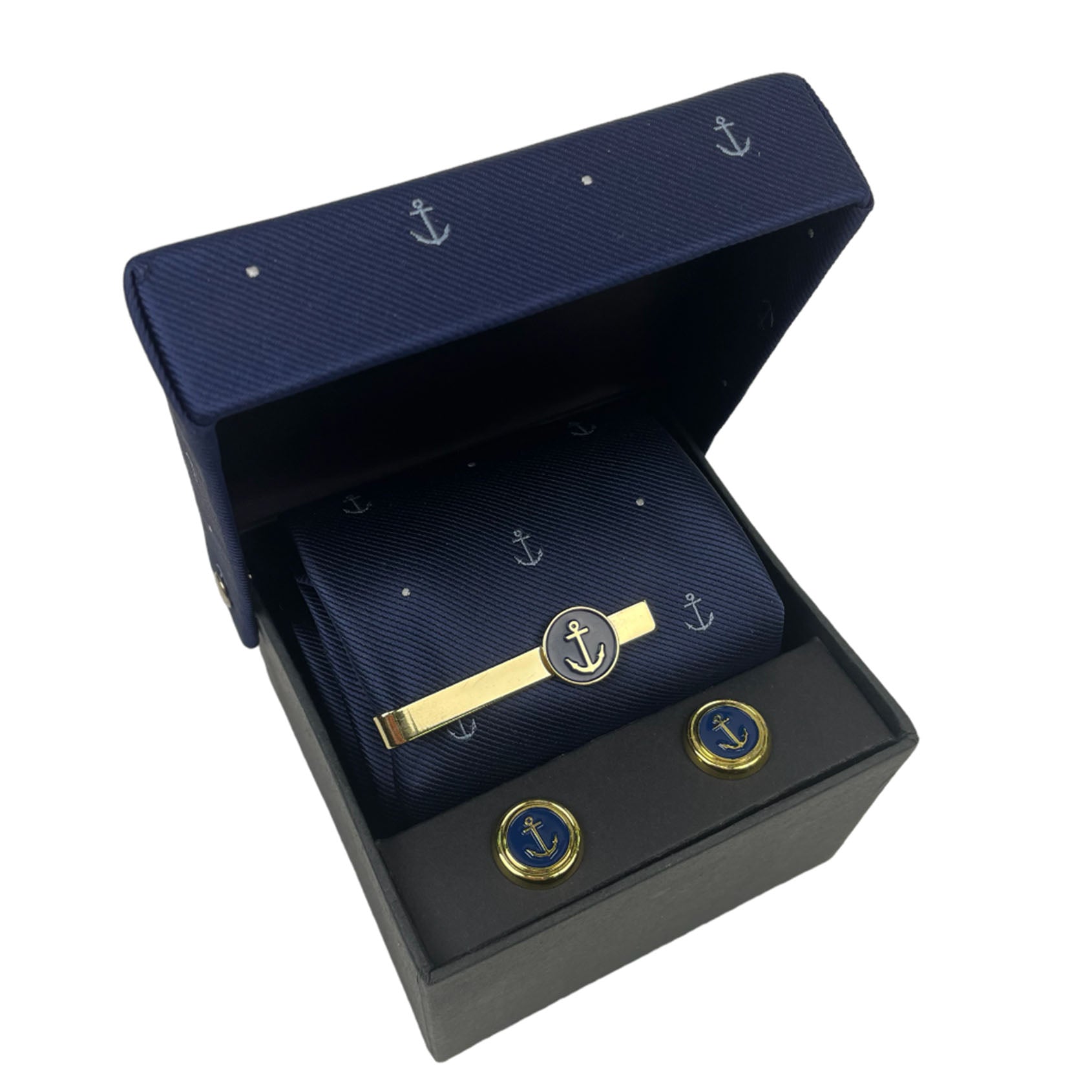 Navy giftset met dasspeld, stropdas en manchetknopen