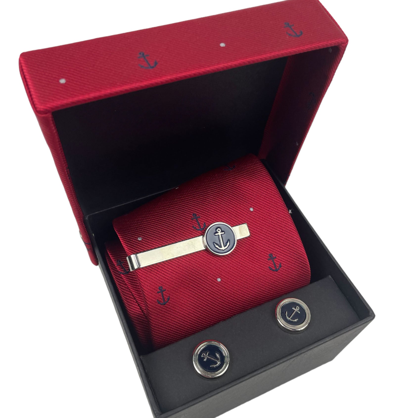 Red gift set with tie pin, tie and cufflinks